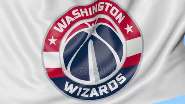 Närbild av viftande flagga med Washington Wizards Nba basket team logo, sömlös loop, blå bakgrund. Redaktionella animation. 4k — Stockvideo