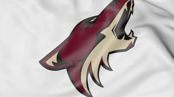 Primo piano della bandiera sventolante con il logo della squadra di hockey dell'Arizona Coyotes NHL, rendering 3D — Foto Stock
