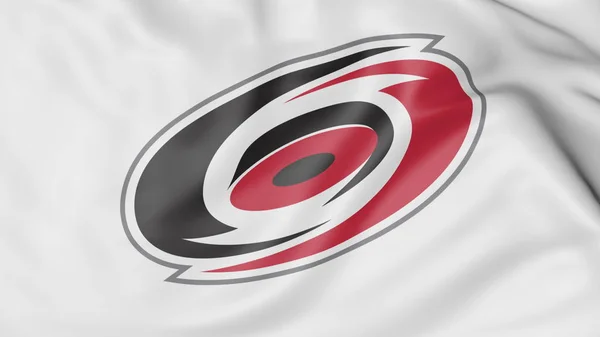 Close-up da bandeira acenando com o logotipo da equipe de hóquei Carolina Hurricanes NHL, renderização 3D — Fotografia de Stock