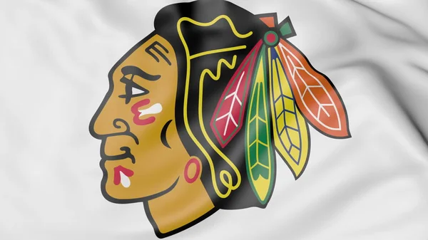 Close-up da bandeira acenando com Chicago Blackhawks logotipo da equipe de hóquei da NHL, renderização 3D — Fotografia de Stock