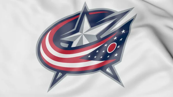 Close-up da bandeira acenando com Columbus Blue Jackets logotipo da equipe de hóquei da NHL, renderização 3D — Fotografia de Stock