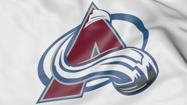 Close-up da bandeira acenando com o logotipo da equipe de hóquei Colorado Avalanche NHL, renderização 3D — Fotografia de Stock