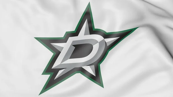 Close-up da bandeira acenando com o logotipo da equipe de hóquei Dallas Stars NHL, renderização 3D — Fotografia de Stock