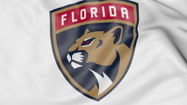 Close-up da bandeira acenando com logotipo da equipe de hóquei da Flórida Panthers NHL, renderização 3D — Fotografia de Stock