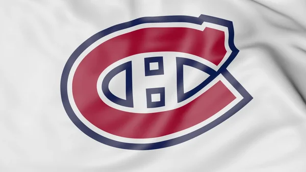 3d 렌더링, 몬트리올 Canadiens nhl의 하 키 팀 로고와 깃발을 흔들며의 클로즈업 — 스톡 사진