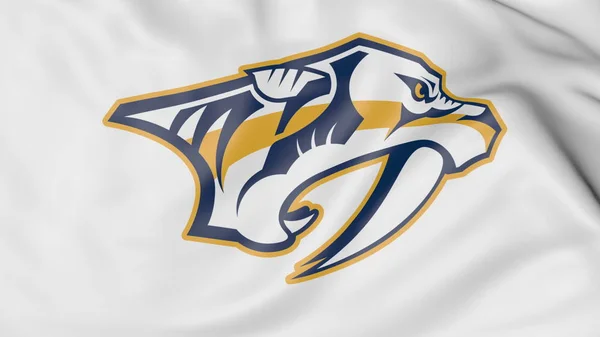 Close-up da bandeira acenando com Nashville Predators logotipo da equipe de hóquei da NHL, renderização 3D — Fotografia de Stock