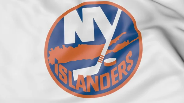 Primer plano de la bandera ondeante con el logotipo del equipo de hockey NHL de New York Islanders, representación 3D — Foto de Stock