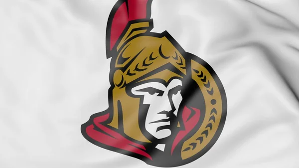 Primo piano della bandiera sventolante con il logo della squadra di hockey Ottawa Senators NHL, rendering 3D — Foto Stock