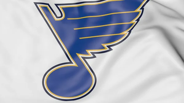 Close-up de acenando bandeira com St. Louis Blues NHL logotipo da equipe de hóquei, renderização 3D — Fotografia de Stock