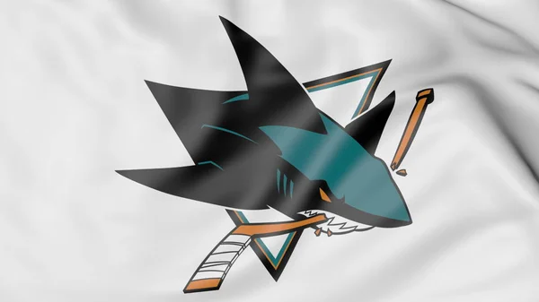 Nahaufnahme des Fahnenschwenkens mit dem Logo der Eishockeymannschaft der San Jose Sharks nhl, 3D-Darstellung — Stockfoto