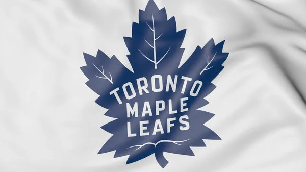 Toronto Maple Leafs Nhl hokey takımı logosu, 3d render ile bayrak sallayarak yakın çekim — Stok fotoğraf