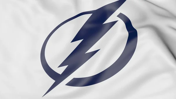 Close-up van zwaaien vlag met de Tampa Bay Lightning Nhl hockey team logo, 3D-rendering — Stockfoto