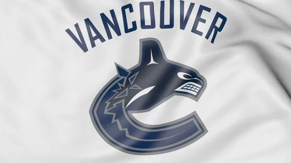 Primer plano de la bandera ondeante con el logotipo del equipo de hockey de Vancouver Canucks NHL, representación 3D — Foto de Stock