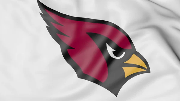 Primo piano della bandiera sventolante con il logo della squadra di football americano degli Arizona Cardinals NFL, rendering 3D — Foto Stock