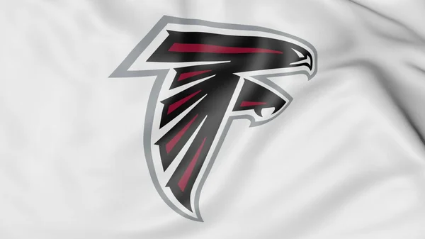Primo piano della bandiera sventolante con il logo della squadra di football americano Atlanta Falcons NFL, rendering 3D — Foto Stock