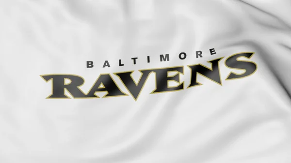 Primer plano de la bandera ondeante con el logotipo del equipo de fútbol americano Baltimore Ravens NFL, representación 3D — Foto de Stock
