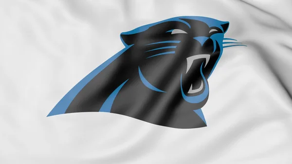 Primo piano della bandiera sventolante con il logo della squadra di football americano Carolina Panthers NFL, rendering 3D — Foto Stock