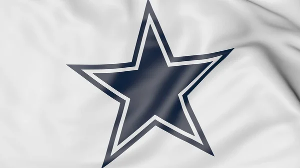 Primer plano de la bandera ondeante con el logotipo del equipo de fútbol americano Dallas Cowboys NFL, representación 3D —  Fotos de Stock