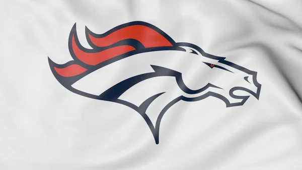 Primer plano de la bandera ondeante con el logotipo del equipo de fútbol americano Denver Broncos NFL, representación 3D —  Fotos de Stock