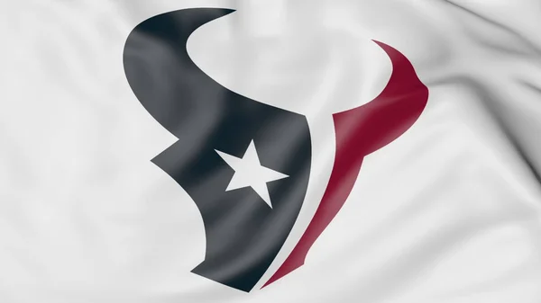 Gros plan du drapeau ondulé avec le logo de l'équipe de football américaine Houston Texans NFL, rendu 3D — Photo