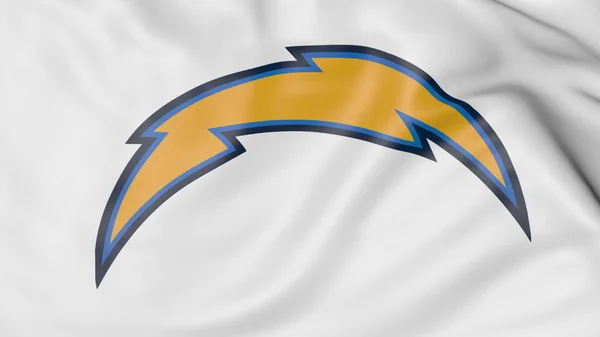 Primo piano della bandiera sventolante con il logo della squadra di football americano dei Los Angeles Chargers NFL, rendering 3D — Foto Stock