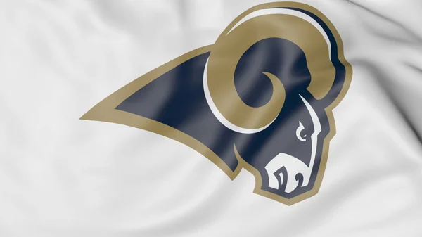 Primo piano della bandiera sventolante con il logo della squadra di football americano dei Los Angeles Rams NFL, rendering 3D — Foto Stock