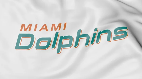 Primo piano della bandiera sventolante con il logo della squadra di football americano dei Miami Dolphins NFL, rendering 3D — Foto Stock
