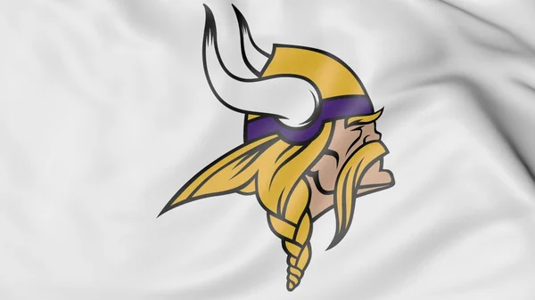 Primo piano della bandiera sventolante con il logo della squadra di football americano Minnesota Vikings NFL, rendering 3D — Foto Stock