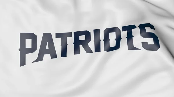 Primer plano de la bandera ondeante con el logotipo del equipo de fútbol americano New England Patriots NFL, representación 3D — Foto de Stock