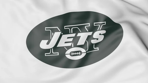 New York Jets Nfl Amerikan futbol takım logosu, 3d render ile bayrak sallayarak yakın çekim — Stok fotoğraf