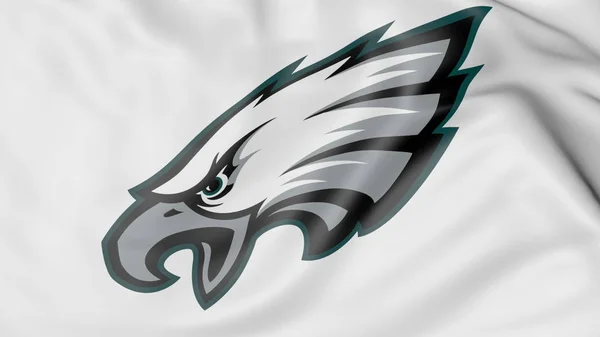 Primer plano de la bandera ondeante con el logotipo del equipo de fútbol americano Philadelphia Eagles NFL, representación 3D — Foto de Stock