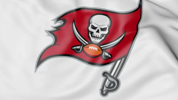 Close-up de acenando bandeira com Tampa Bay Buccaneers NFL logotipo do time de futebol americano, renderização 3D — Fotografia de Stock