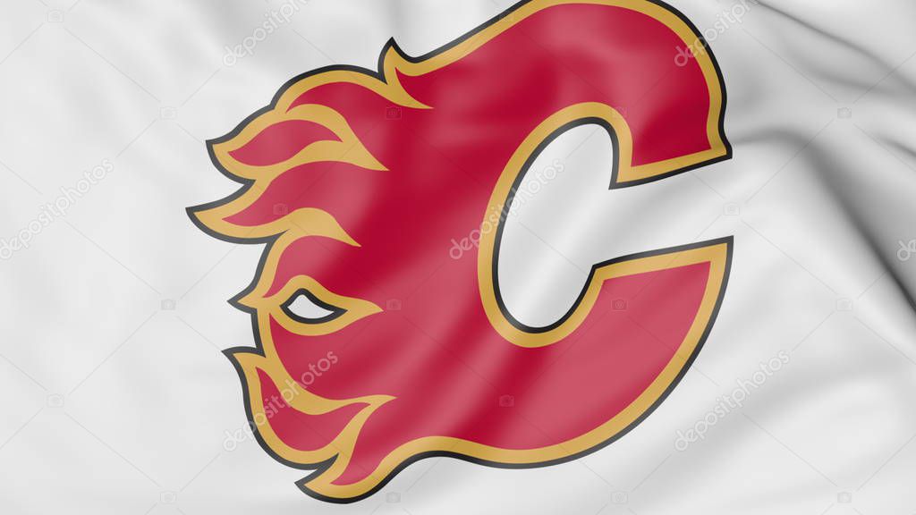 Close-up of waving flag with Calgary Flames NHL hockey team logo, 3D United States