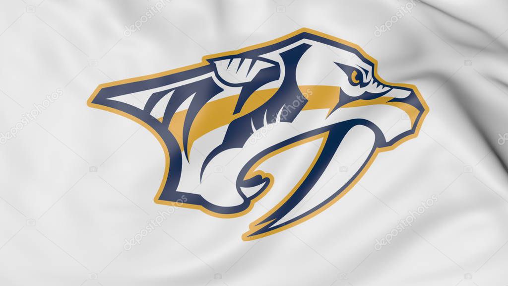 Close-up of waving flag with Nashville Predators NHL hockey team logo, 3D United States