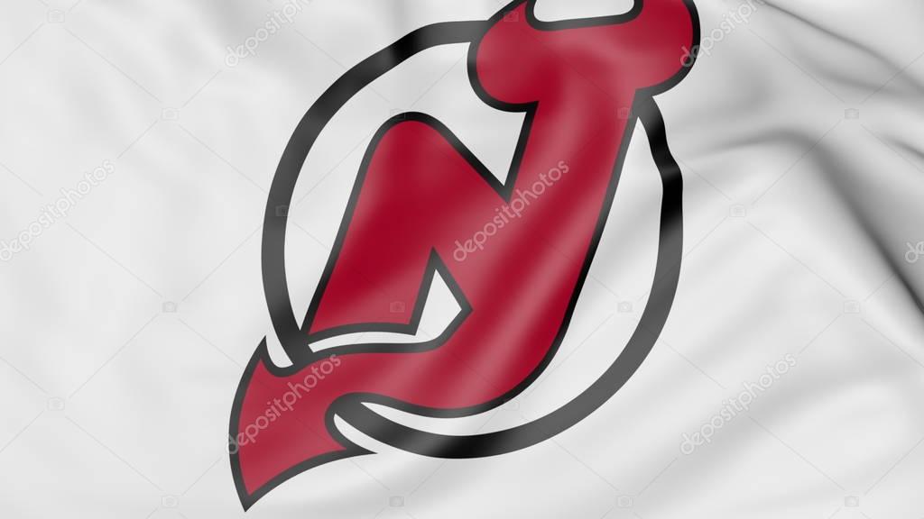 Close-up of waving flag with New Jersey Devils NHL hockey team logo, 3D United States