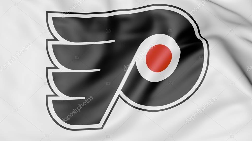 Close-up of waving flag with Philadelphia Flyers NHL hockey team logo, 3D United States