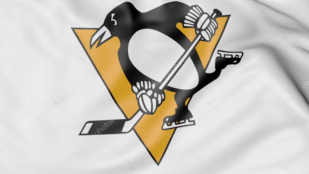 Close-up of waving flag with Pittsburgh Penguins NHL hockey team logo, 3D United States