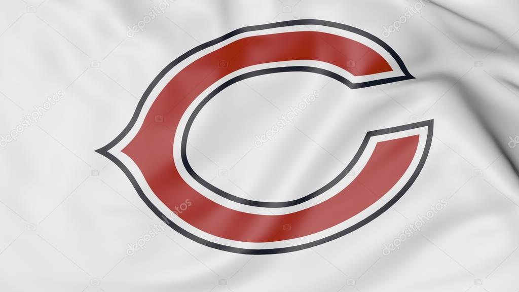 Close-up of waving flag with Chicago Bears NFL American football team logo, United States