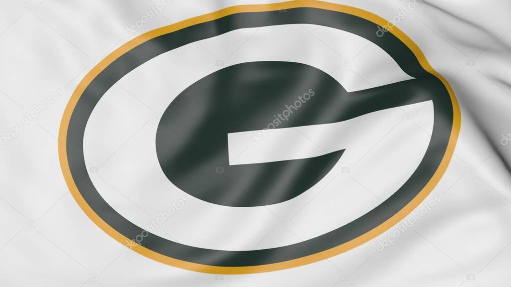 Close-up of waving flag with Green Bay Packers NFL American football team logo, United States