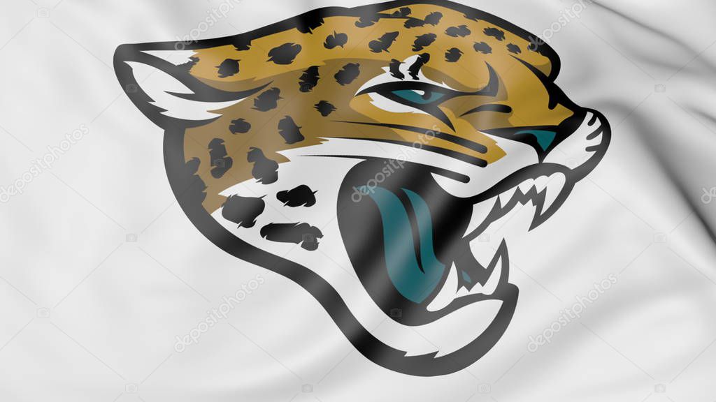 Close-up of waving flag with Jacksonville Jaguars NFL American football team logo, United States