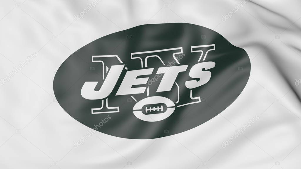 Close-up of waving flag with New York Jets NFL American football team logo, United States