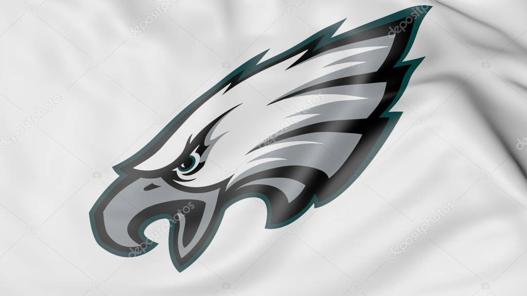 Close-up of waving flag with Philadelphia Eagles NFL American football team logo, United States