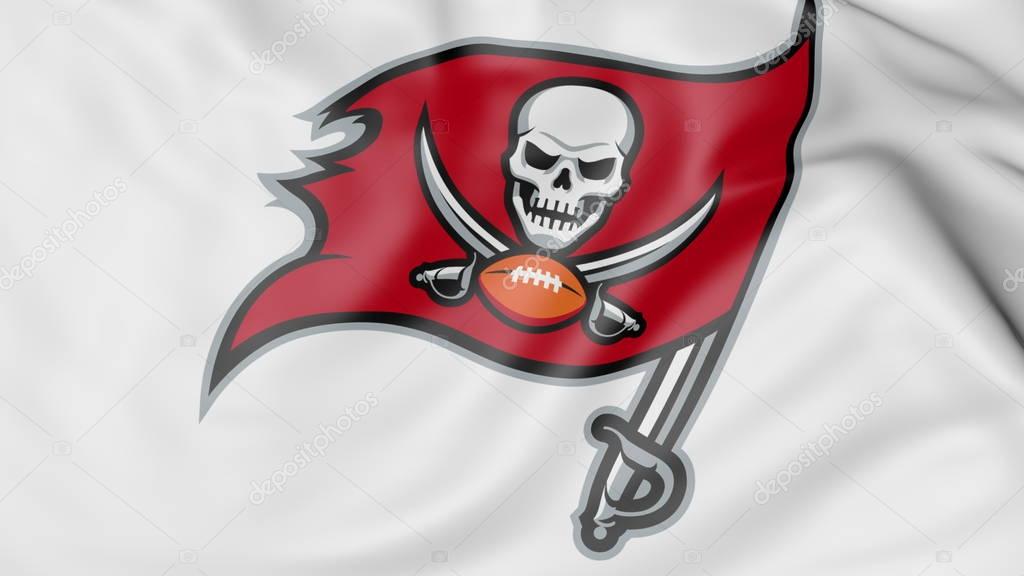 Close-up of waving flag with Tampa Bay Buccaneers NFL American football team logo, United States