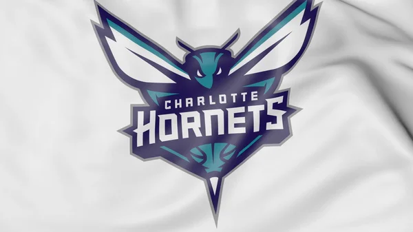 Primo piano della bandiera sventolante con logo della squadra di basket NBA Charlotte Hornets, rendering 3D — Foto Stock