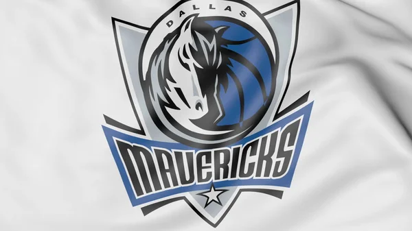 Primo piano della bandiera sventolante con il logo della squadra di basket NBA Dallas Mavericks, rendering 3D — Foto Stock