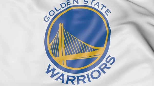 Primo piano della bandiera sventolante con il logo della squadra di basket NBA Golden State Warriors, rendering 3D — Foto Stock