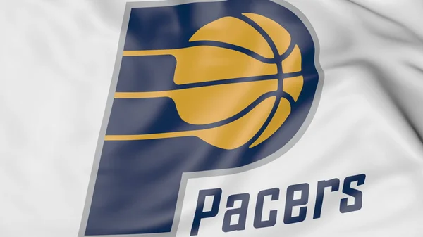 Primo piano della bandiera sventolante con Indiana Pacers logo della squadra di basket NBA, rendering 3D — Foto Stock