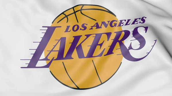 Nahaufnahme einer wehenden Fahne mit dem Logo der Basketballmannschaft Los Angeles lakers nba, 3D-Darstellung — Stockfoto