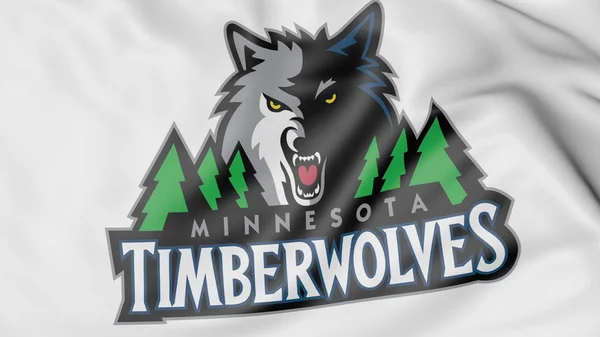 Primo piano della bandiera sventolante con Minnesota Timberwolves logo della squadra di basket NBA, rendering 3D — Foto Stock