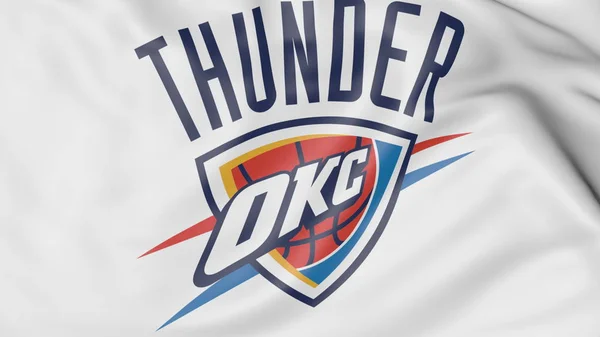 Close-up da bandeira acenando com Oklahoma City Thunder logotipo da equipe de basquete da NBA, renderização 3D — Fotografia de Stock